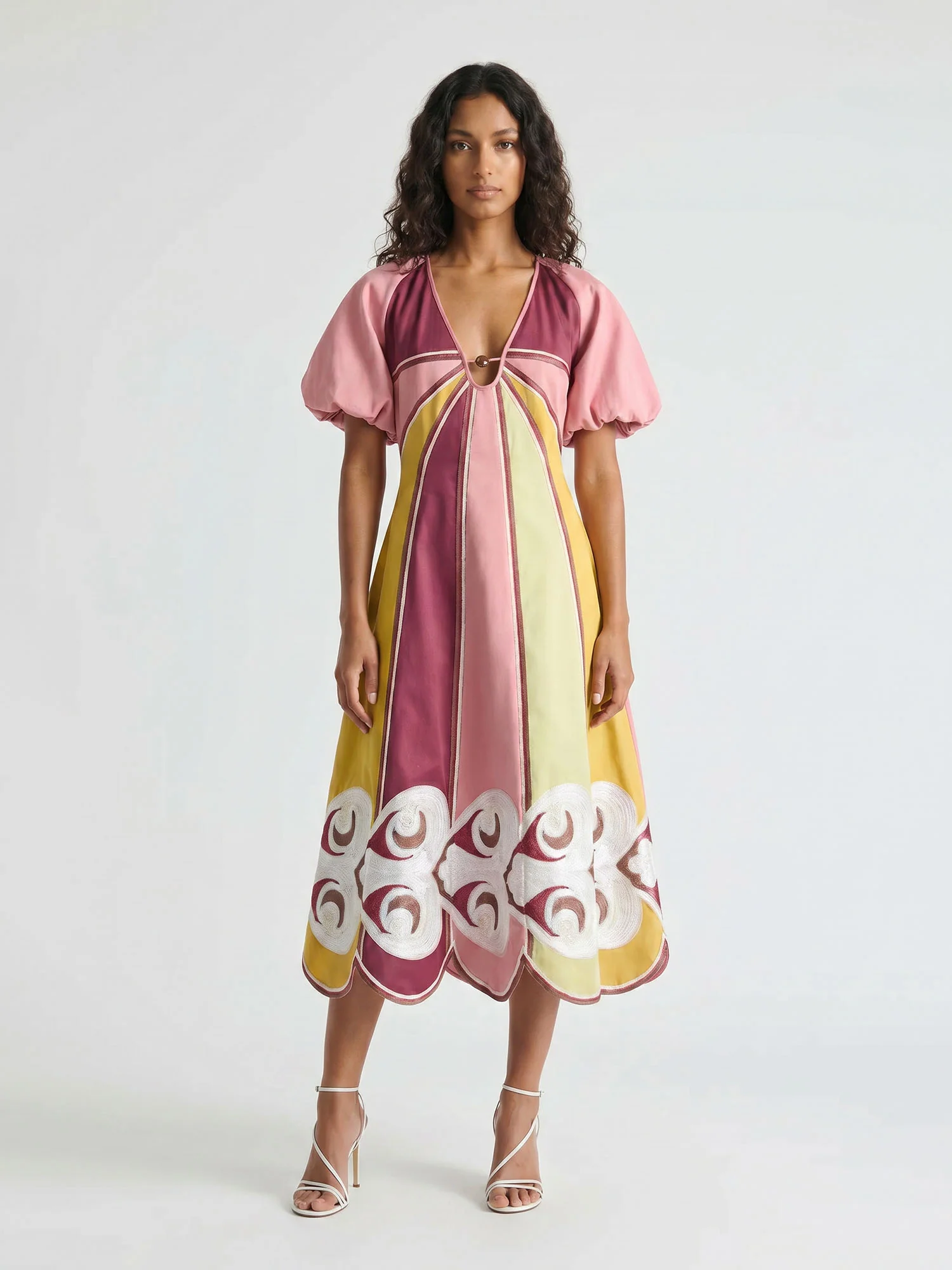 Colorful Panel Puff Sleeve Midi Dress