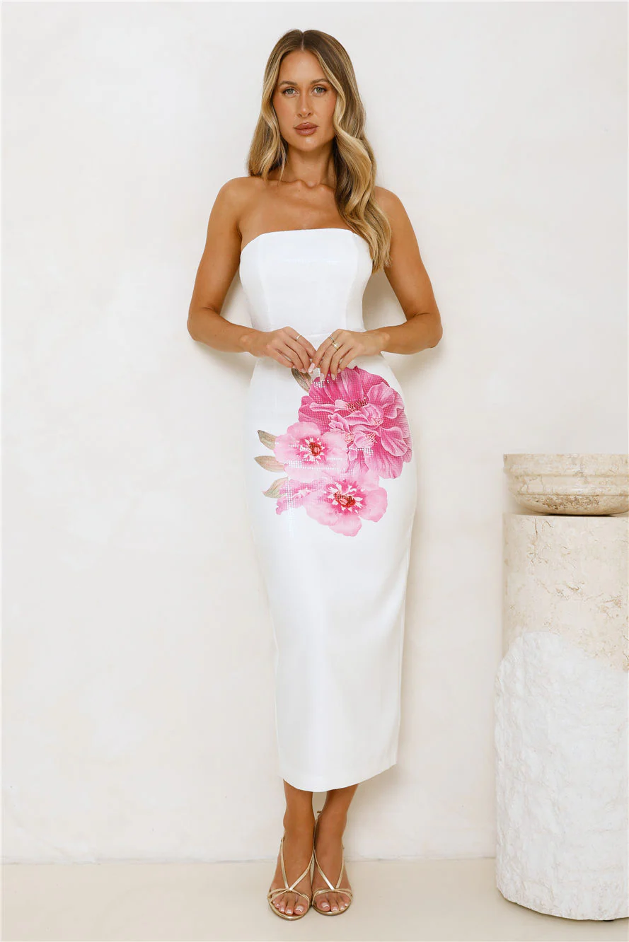 Floral Sparkle Strapless Midi Dress White