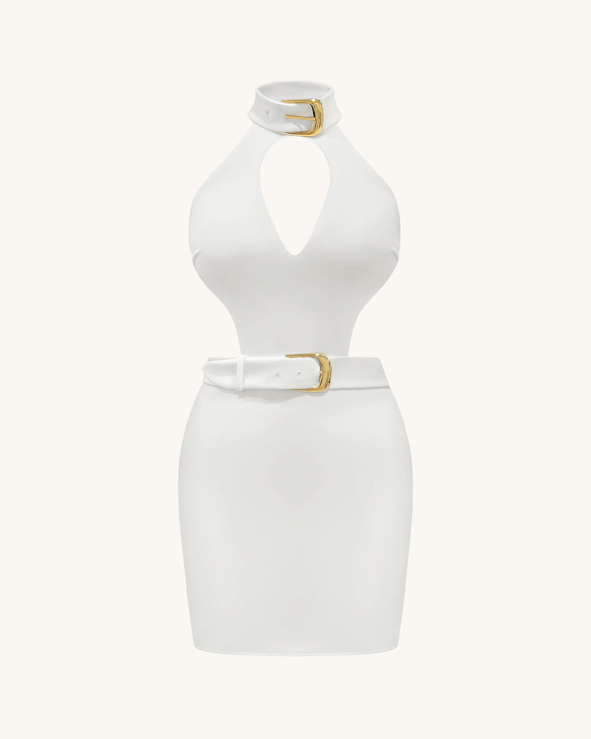 Gabriella Belted Cutout Halter Mini Dress - Ivory - FASHION NOB