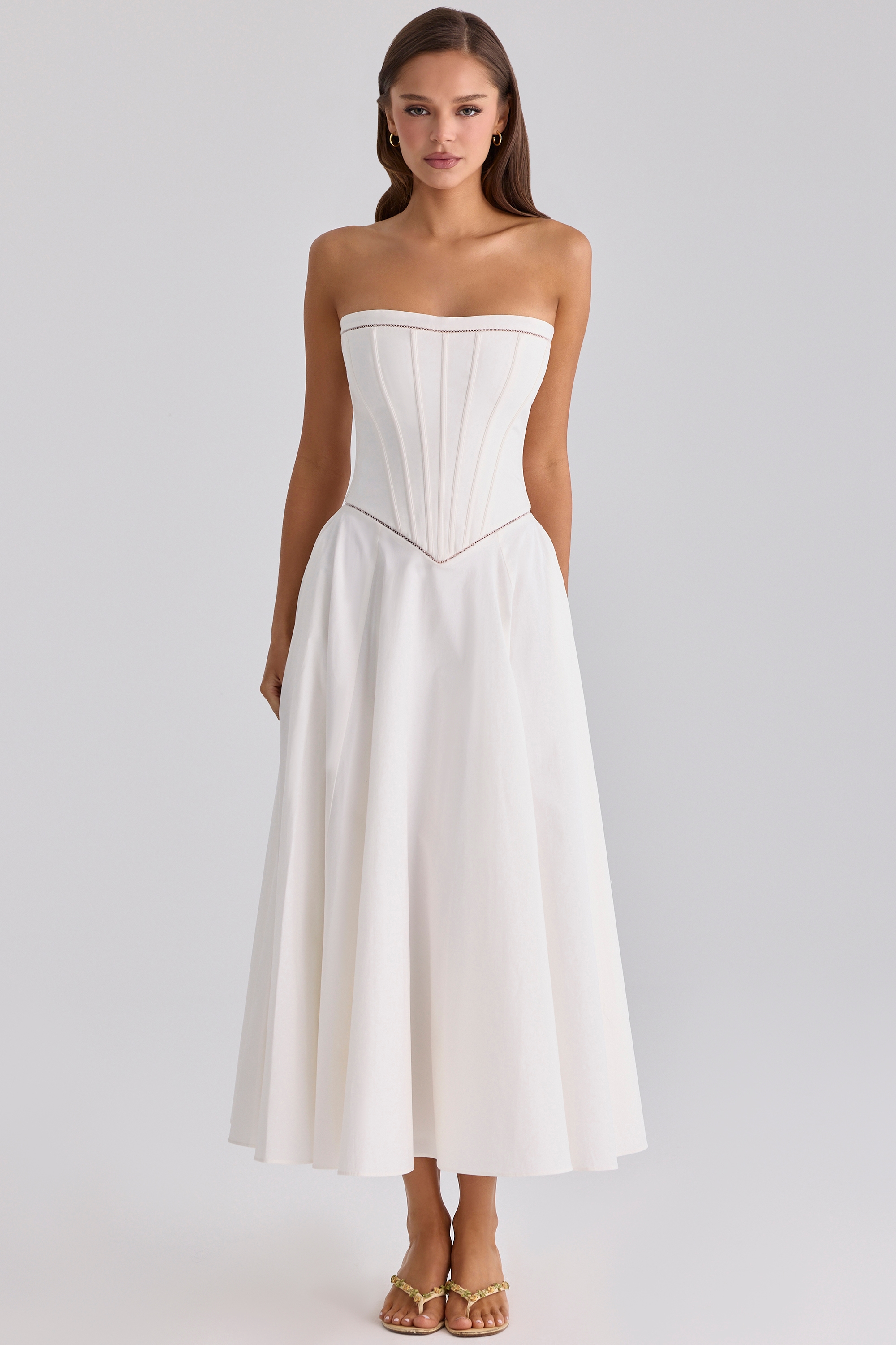white cotton strapless maxi dress