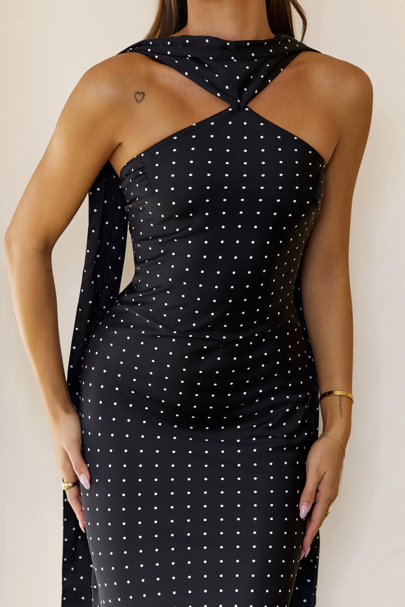Orchid Dusk Polka Dot Satin Maxi Dress Black