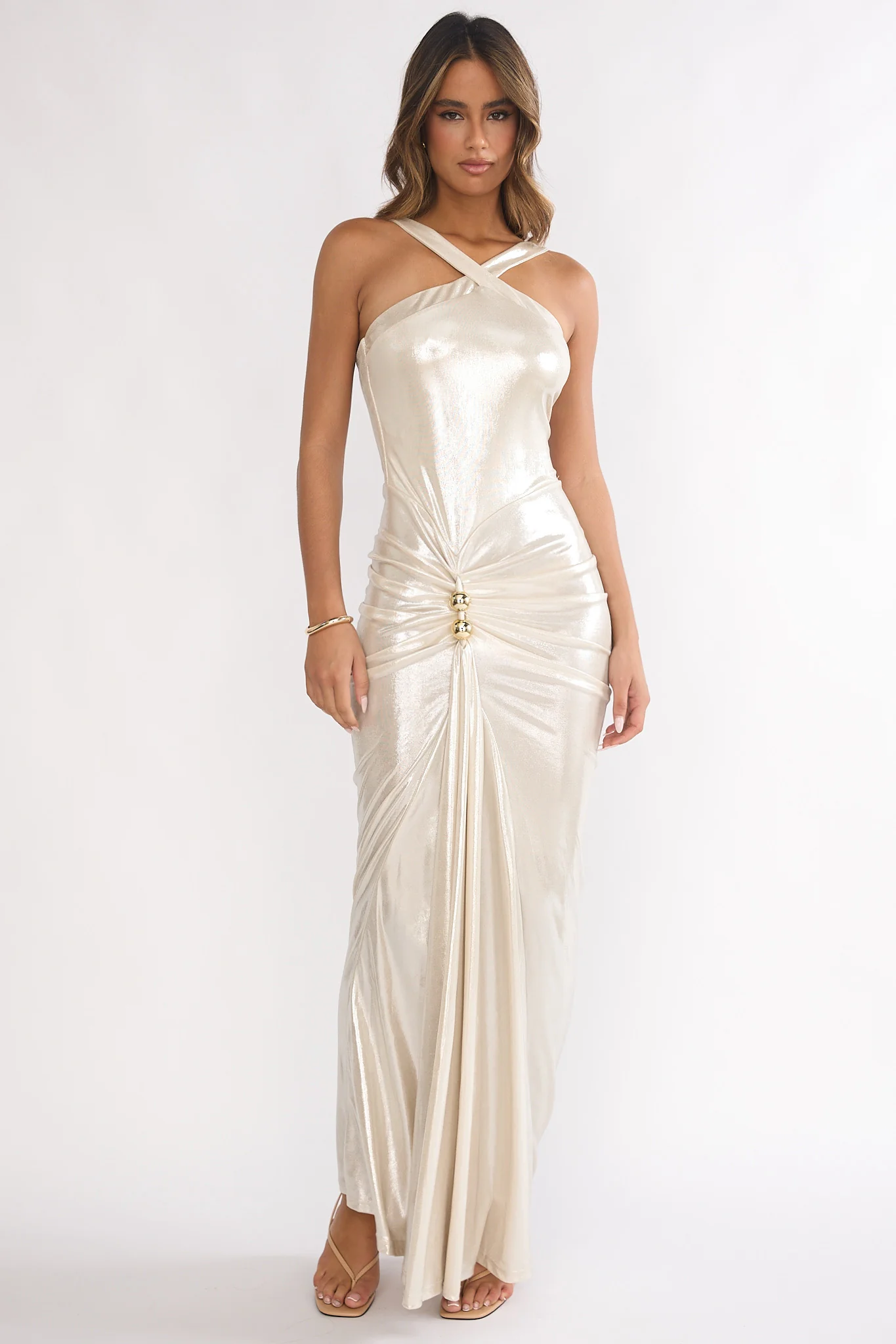 Delaina Ruched Waist Gold Accent Maxi Dress Pearl