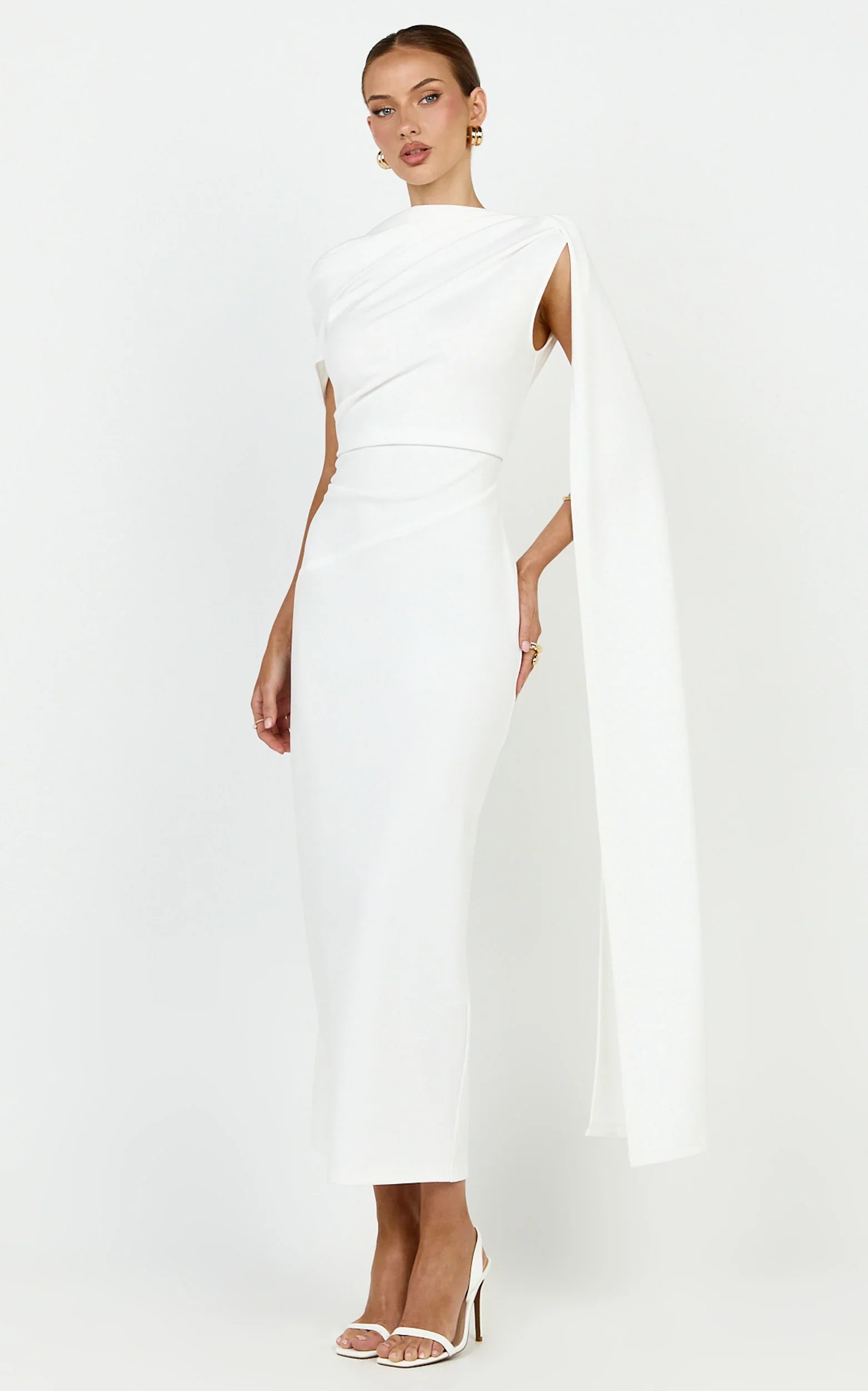 Visenta Midi Dress - Asymmetrical Sleeve Dress in White