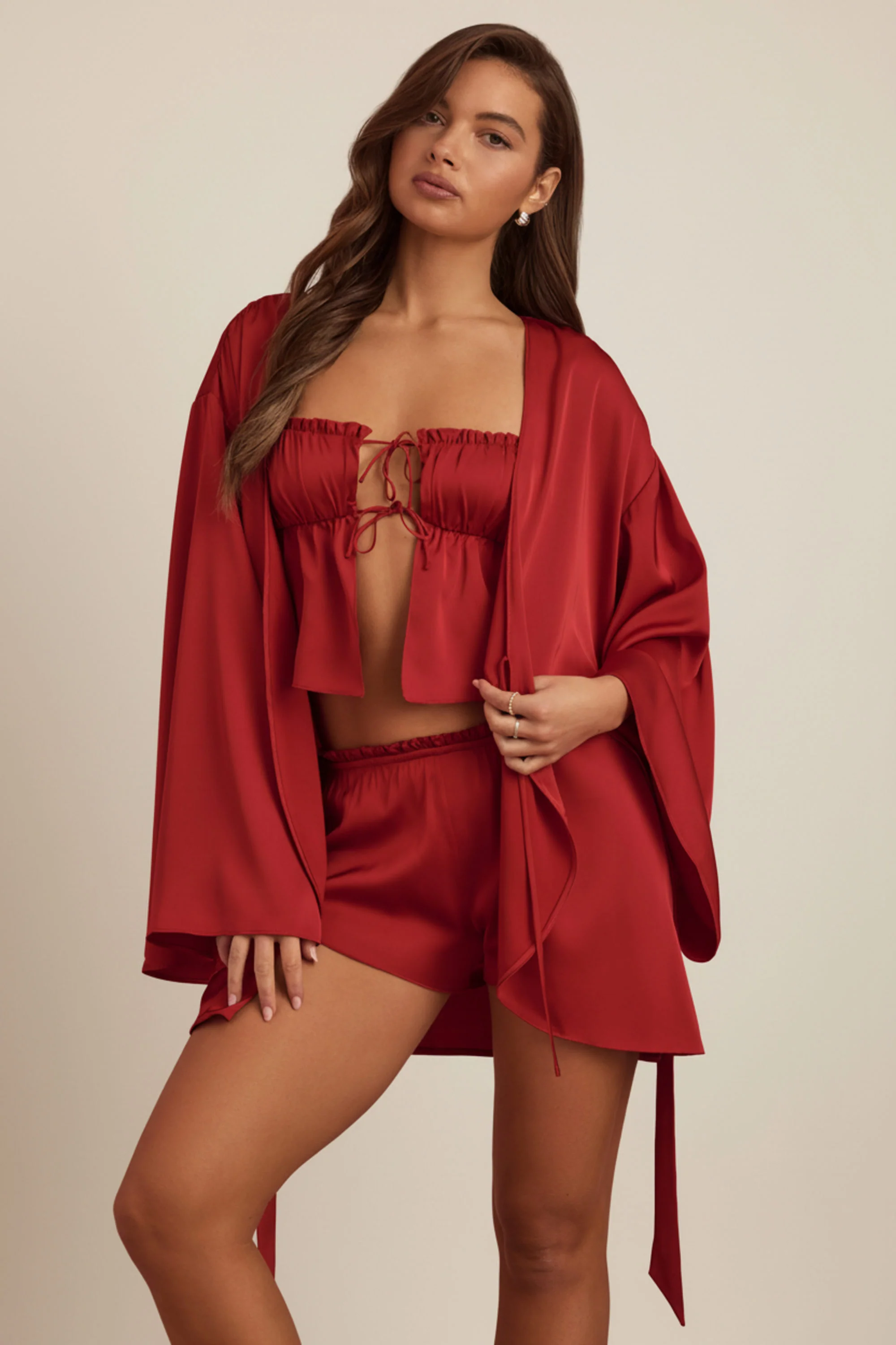 Embellished Loose-Fit Wrap-Over Robe in Ruby Red