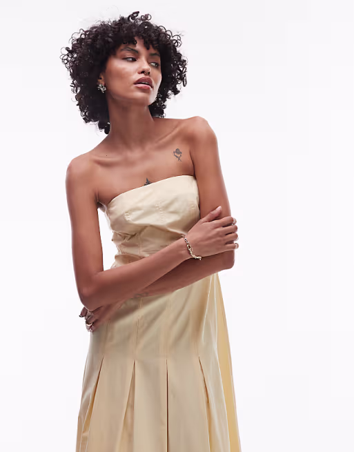 Topshop seamed detail bandeau midi dress in buttermilk