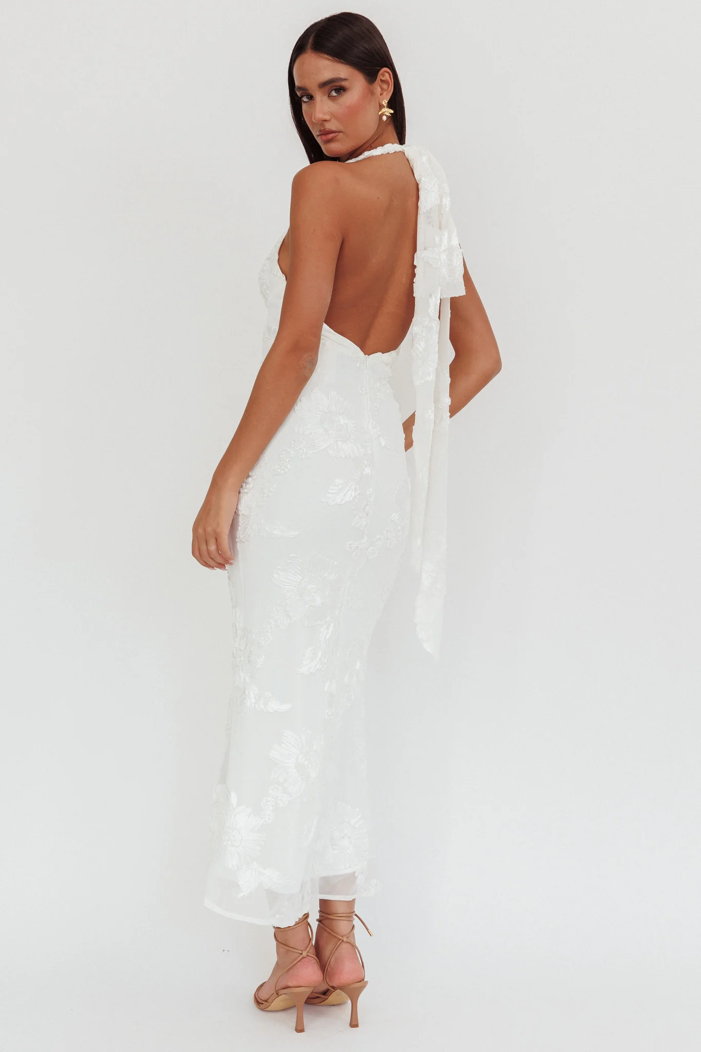 Cipriana Backless Halter Maxi Dress Embellished White - luluinthesky