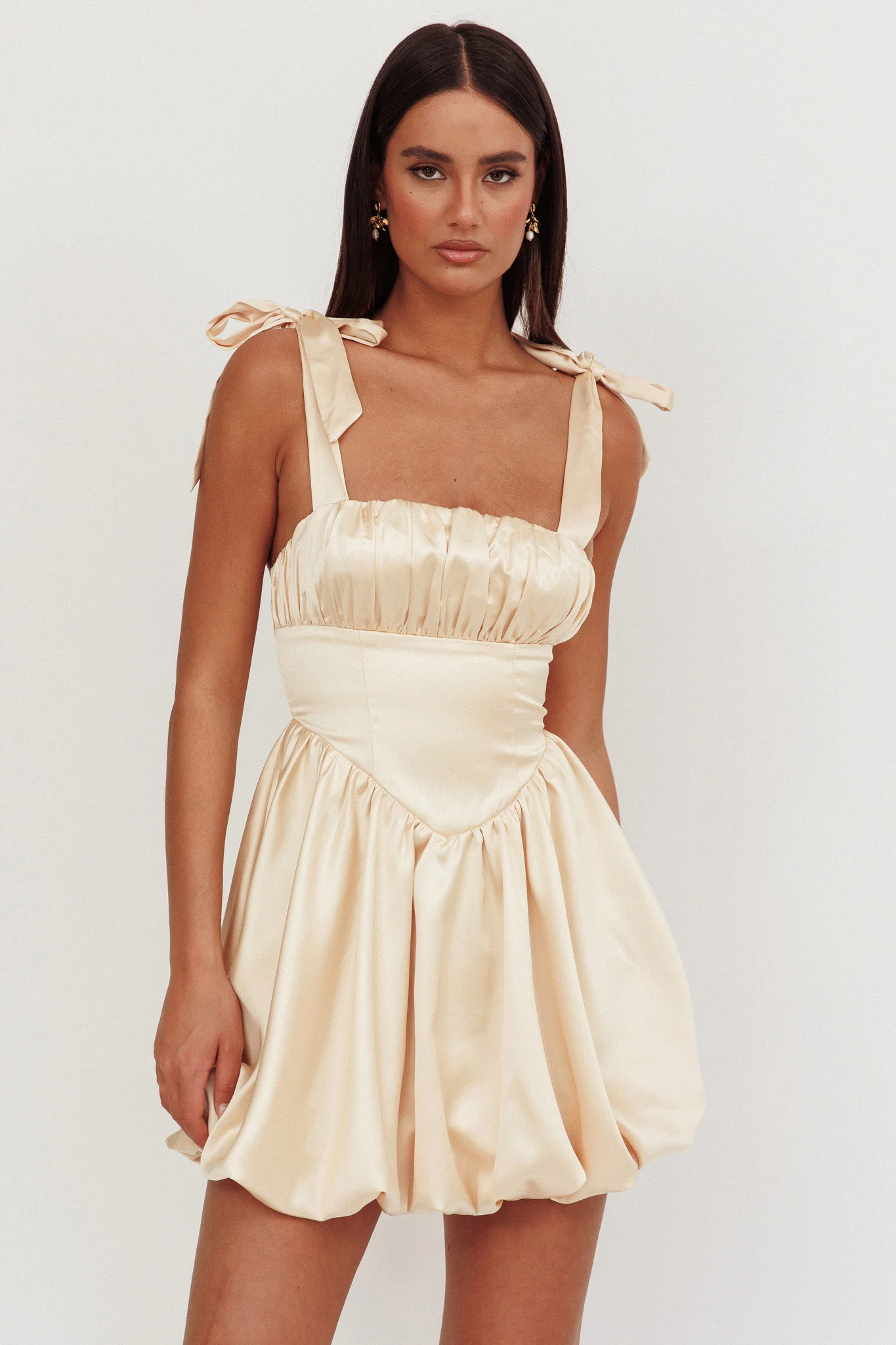 Just Magic Tied Shoulder Bubble Hem Mini Dress Butter - luluinthesky