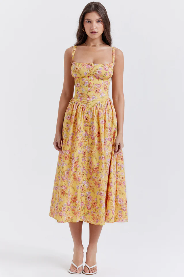 Tatiana Yellow Floral Print Midi Dress