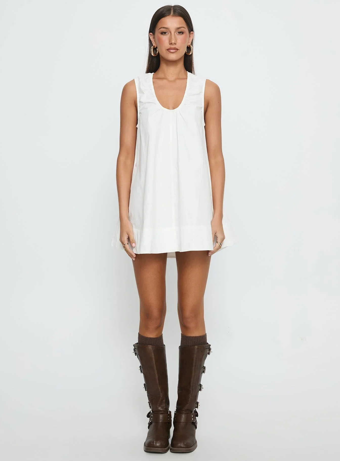 Eberta Ruched Baby Doll Mini Dress White - luluinthesky