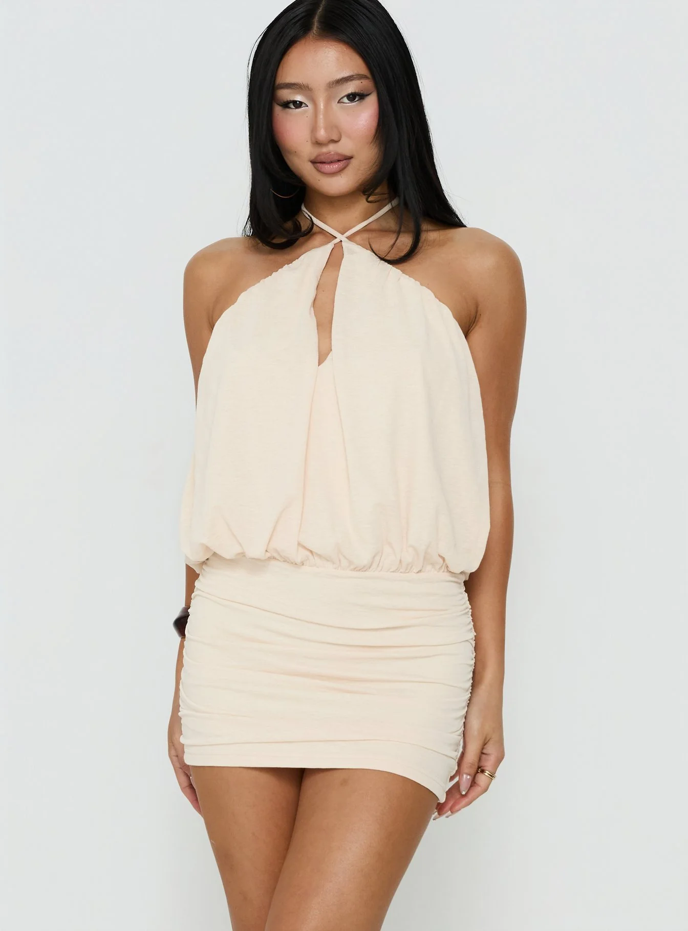 Evelia Keyhole Halter Mini Dress Butter Yellow