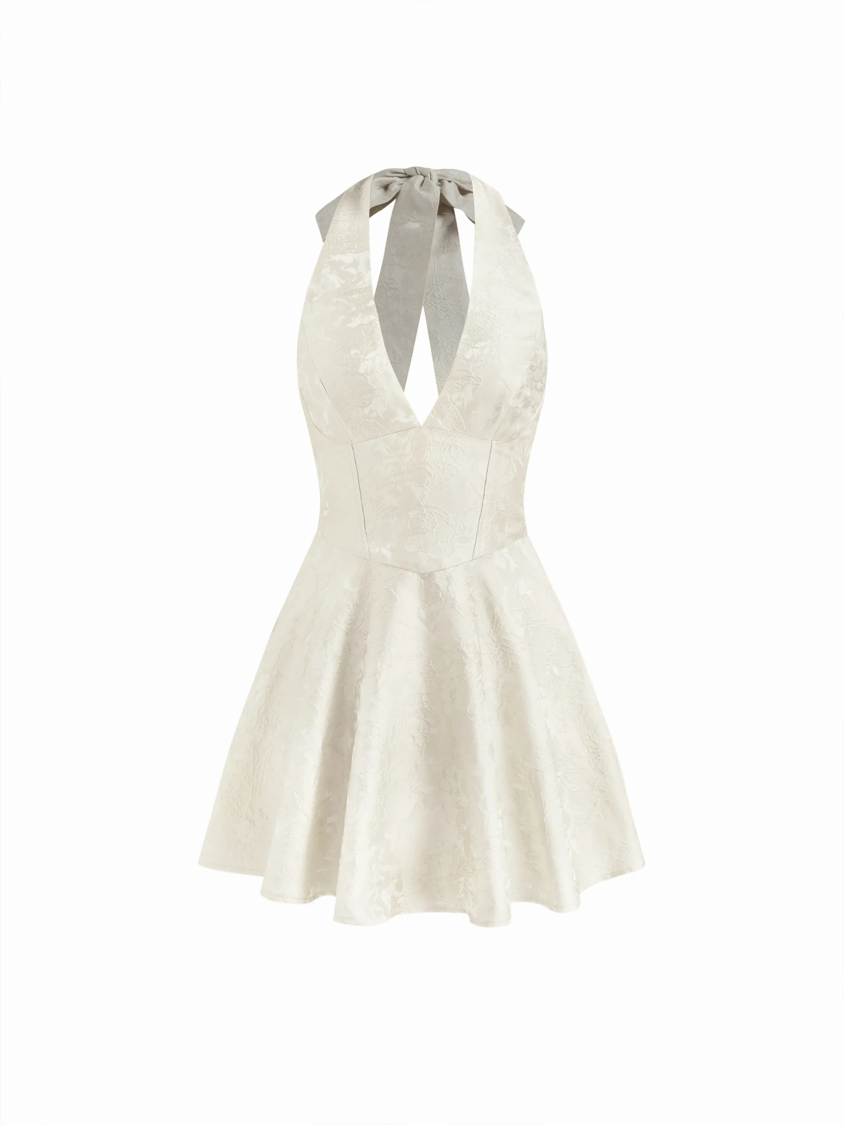 Jacquard Halter V-neck Lace Up Backless Ruffle Mini Dress