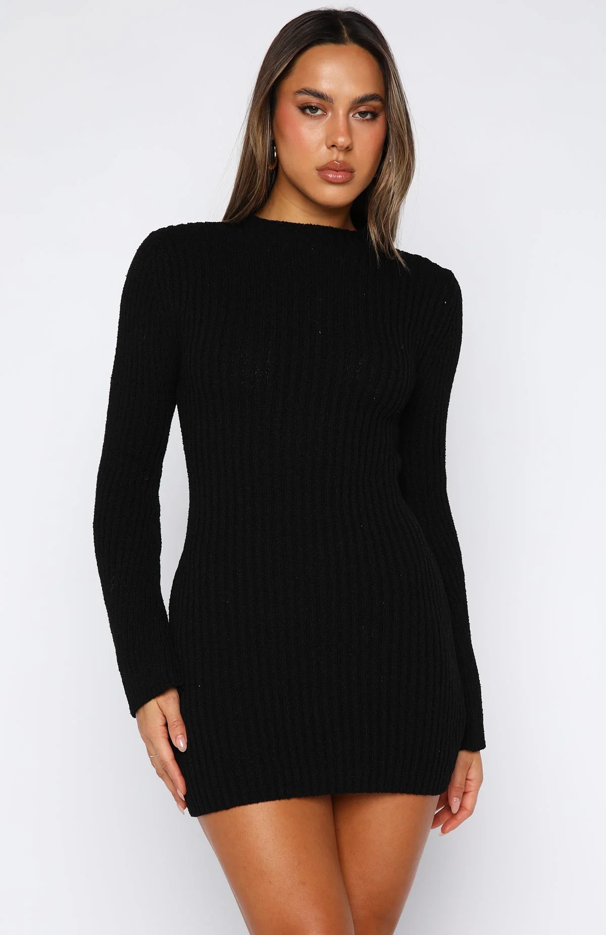 Get On Down Long Sleeve Knit Mini Dress Black