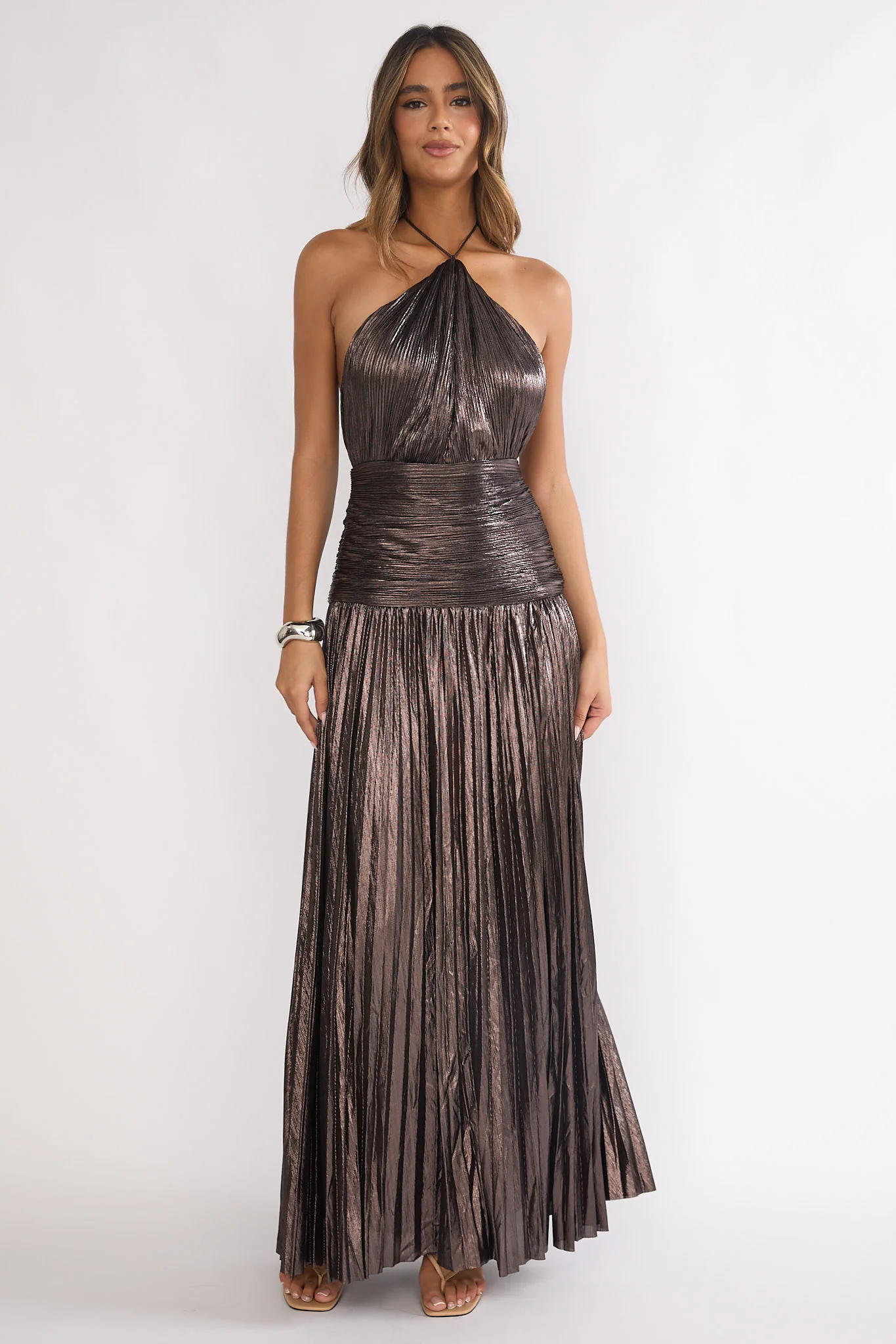 Ahmara Drop Waist Accordion Pleat Maxi Dress Gunmetal - luluinthesky