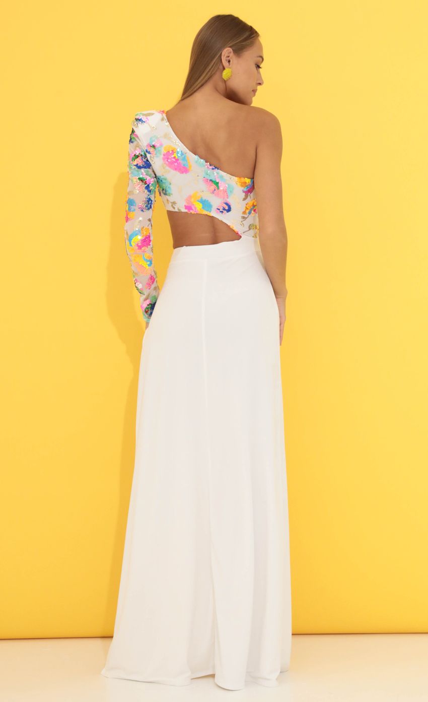 One Shoulder Sequin Maxi Dress in White