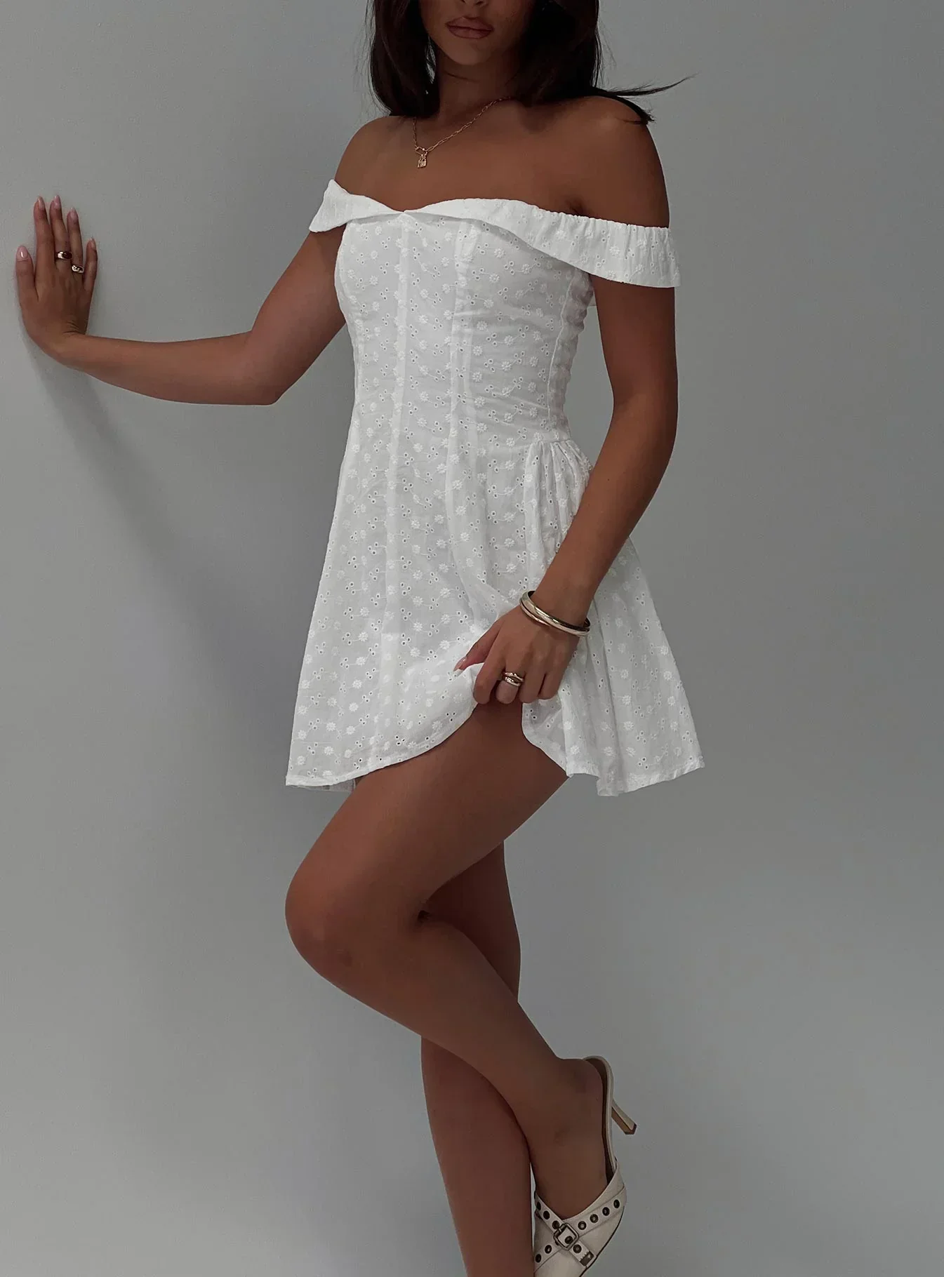 Rosebud Broderie Off The Shoulder Mini Dress White - luluinthesky
