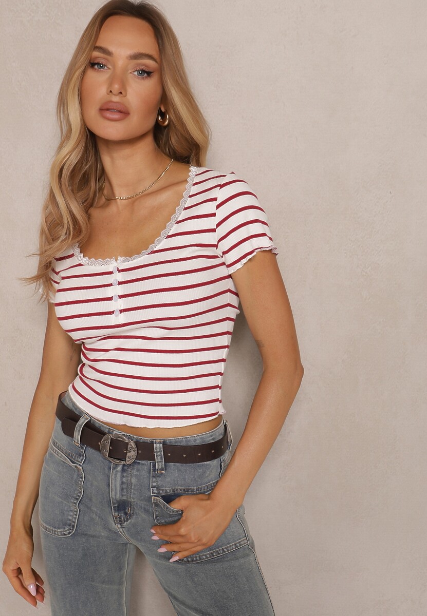 Beżowy T-shirt z Bawełny w Poziome Paski Ozdobiony Koronką i Guzikami Ramilda