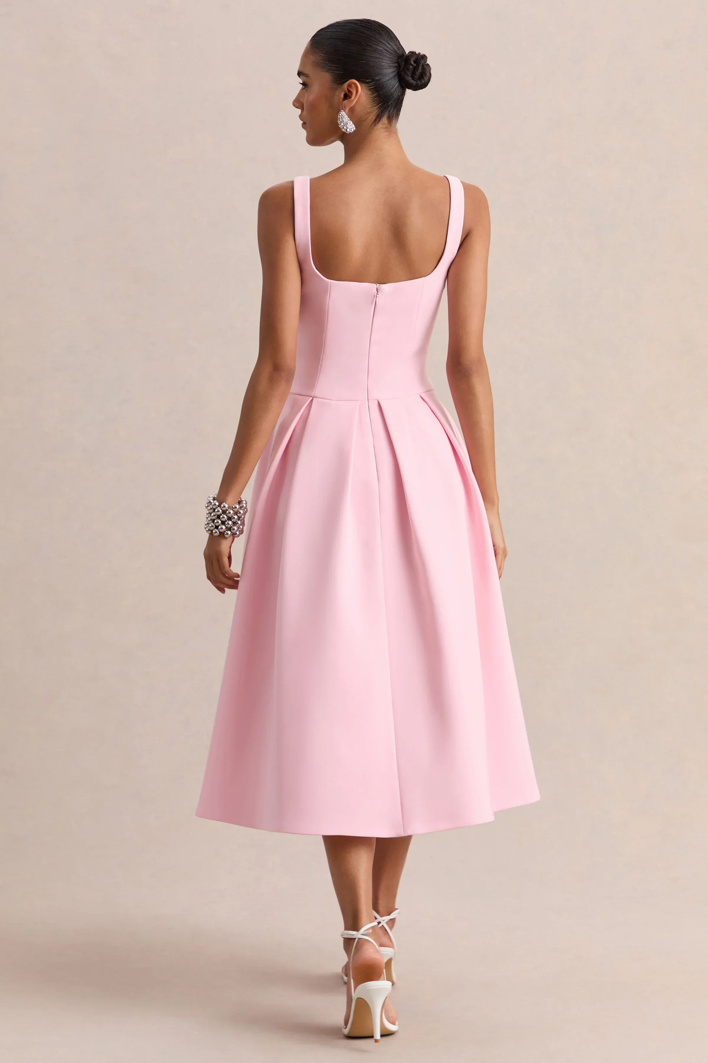 Greta | Light Pink Sweetheart-Neck Midi Dress