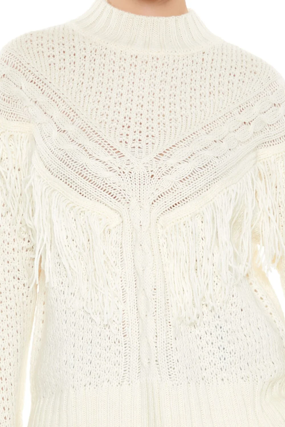 Fringe-Trim Mock Neck Sweater
