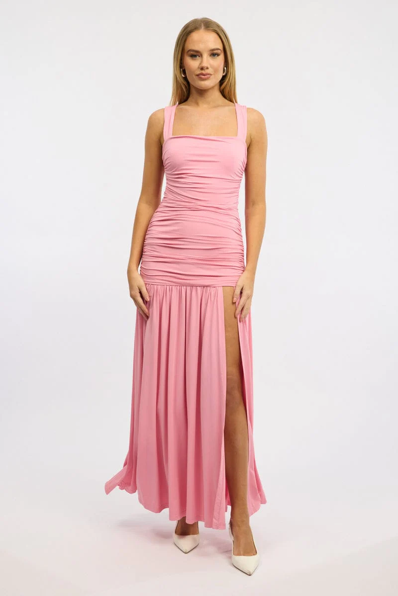 Pink Maxi Dress Front Split