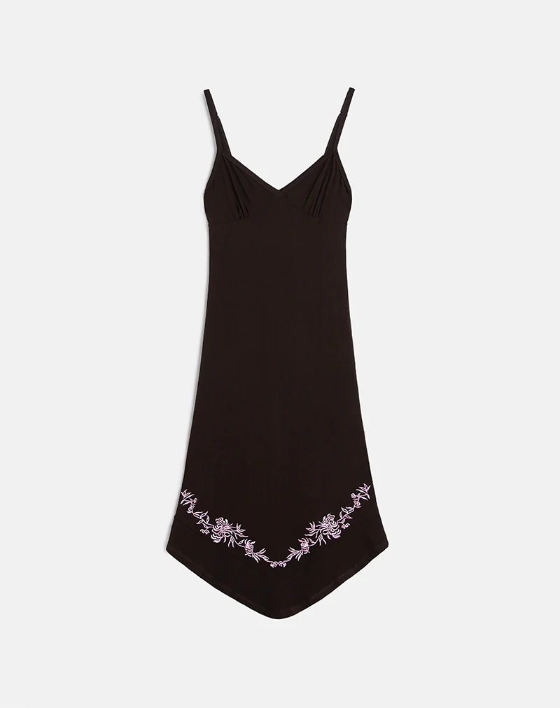 Quelin Midi Dress in Chocolate Brown with Rose Embroidery