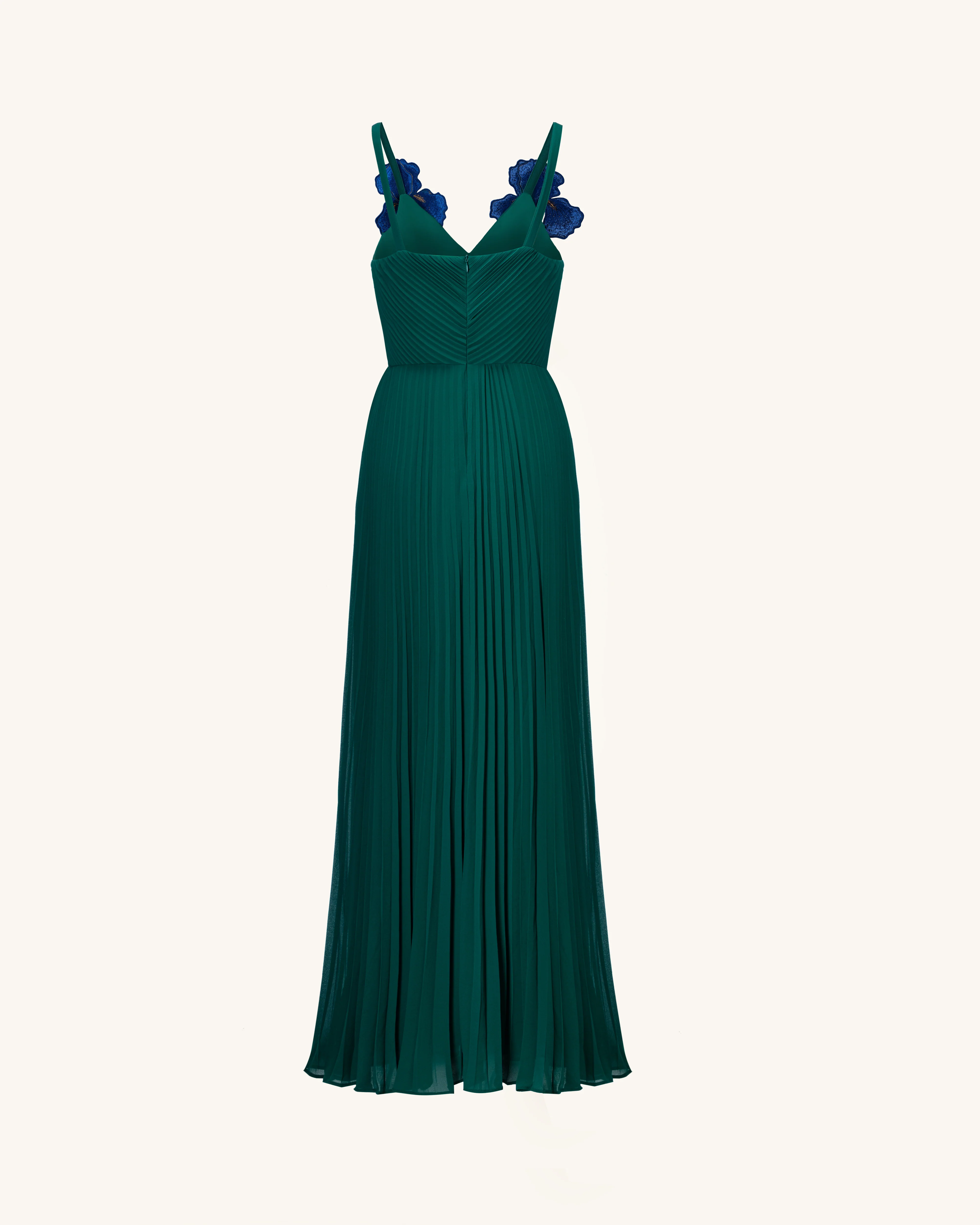 Iris Embroidered Pleated V-Neck Maxi Dress - Emerald Green - FASHION NOB