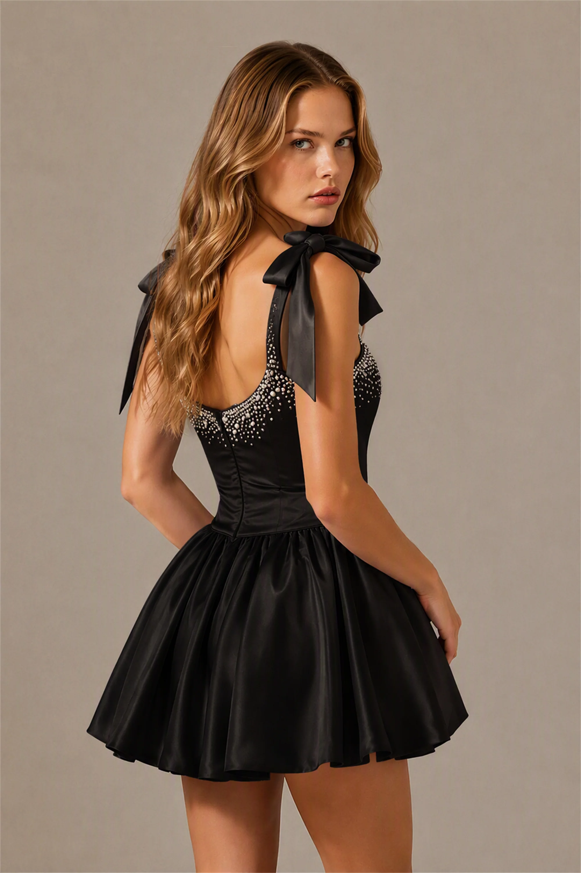 BOLODOO Black Satin Pearl Embellished Sweetheart Bow Strap Bubble Hem Mini Dress | Cocktail Prom Homecoming Dress