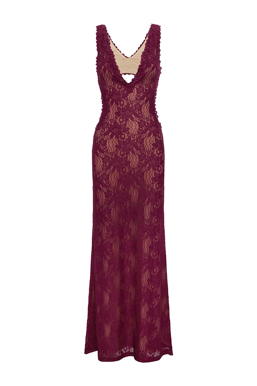 MAURA BACK CUTOUT LACE MAXI DRESS - WINE