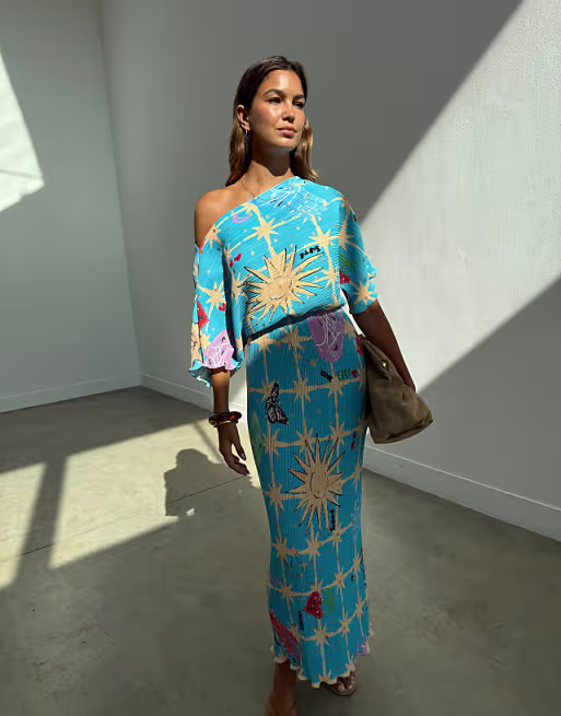 Never Fully Dressed Tilly off shoulder plisse maxi dress in blue celestial print