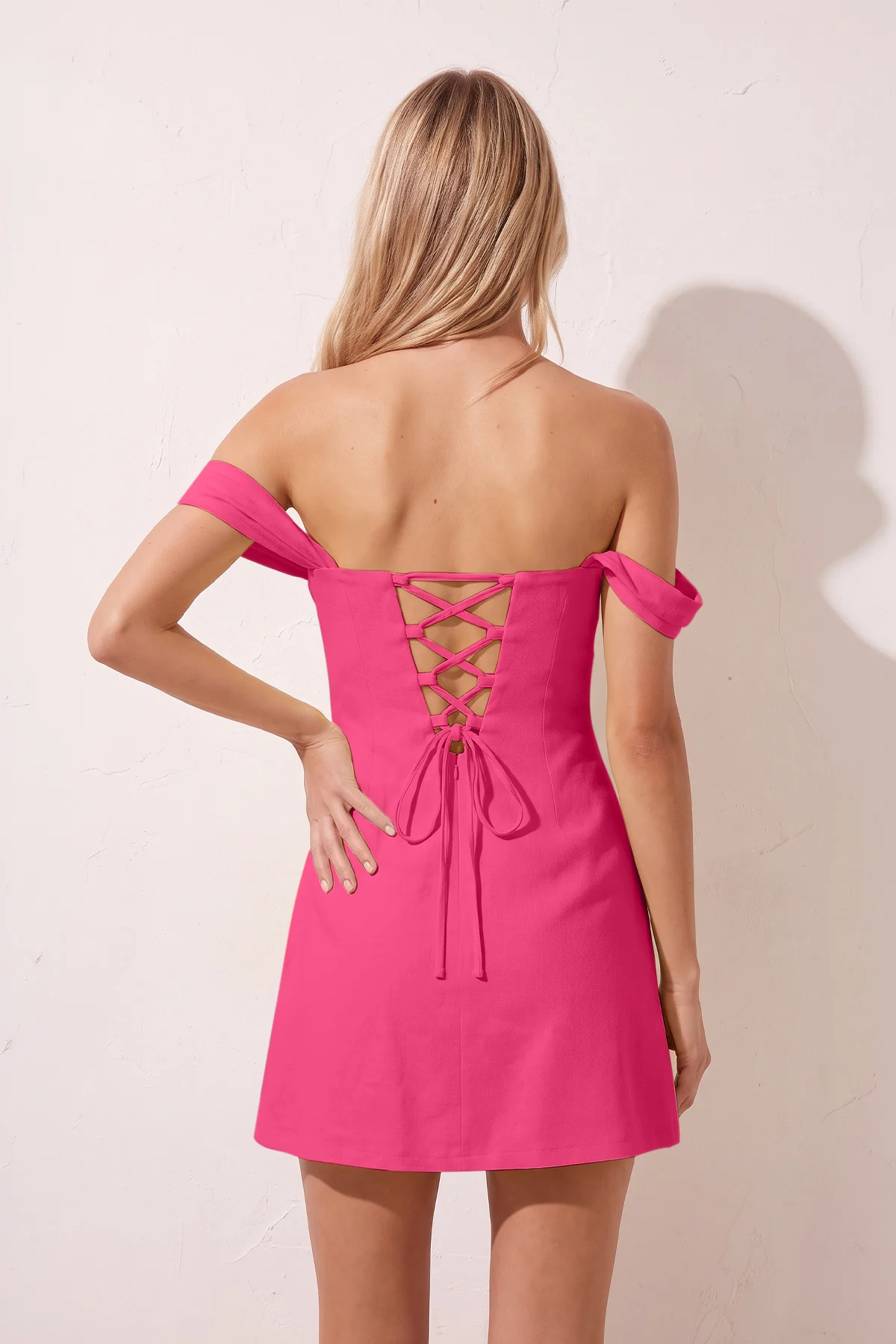 Yellow Off the Shoulder Linen Sheath Homecoming Dress with Lace Up Back