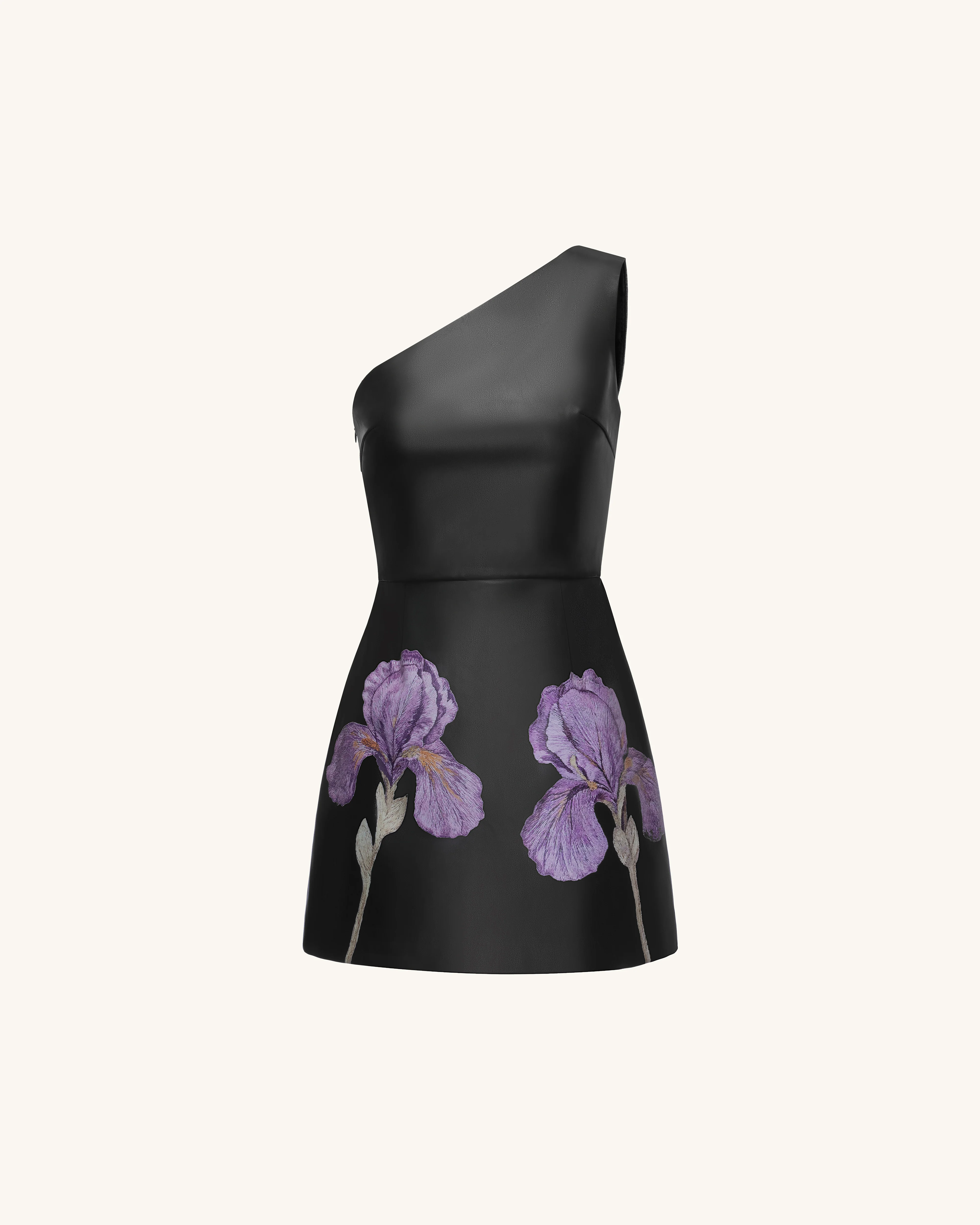 Iris Floral-Print One-Shoulder Leather Mini Dress - Black - FASHION NOB