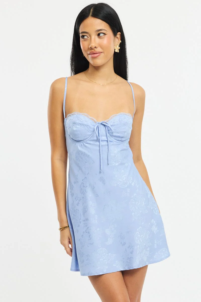 Blue Mini Dress Tie Back Jacquard Fabric