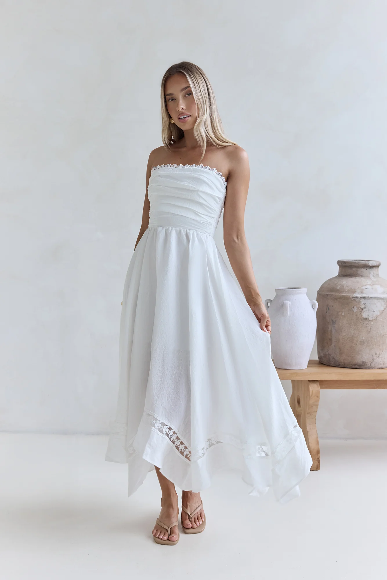 Lucia Strapless Midi Dress White - luluinthesky