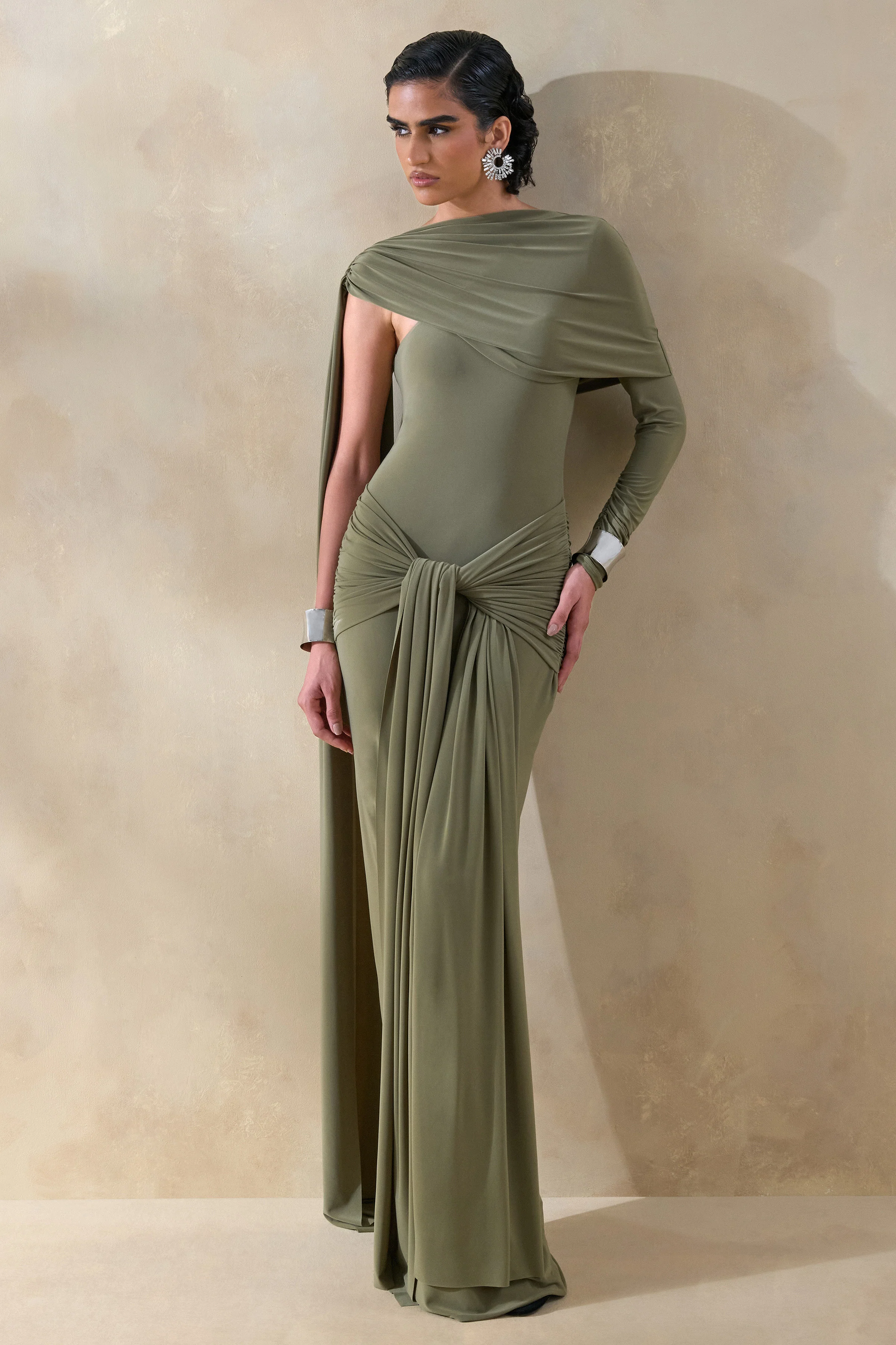 Trisara | Olive Asymmetric-Neck Maxi Dress With Gathered-Detailing And Sash