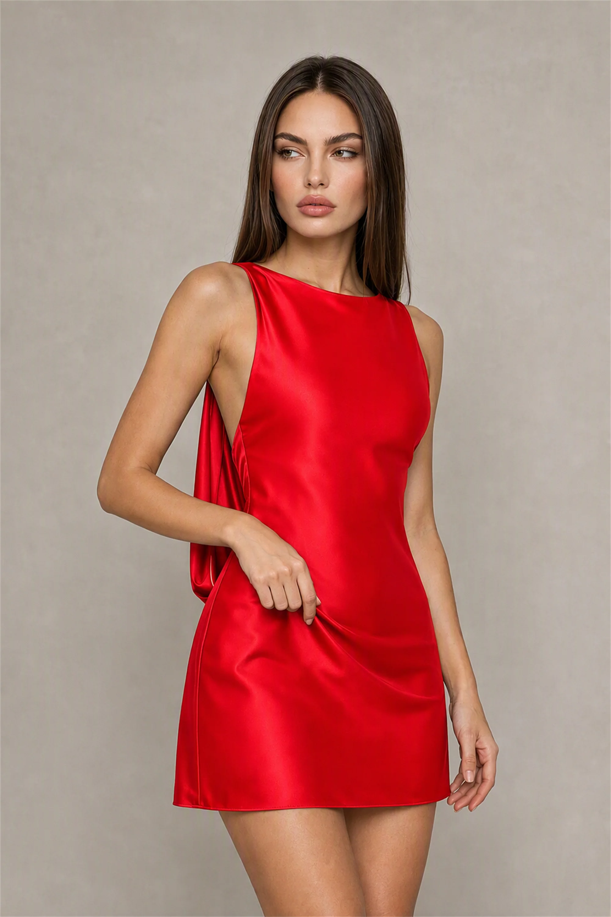 BOLODOO Red Satin Bateau Neck Cowl Open Back Pearl Chain Mini Dress | Cocktail Party Date Night Dress