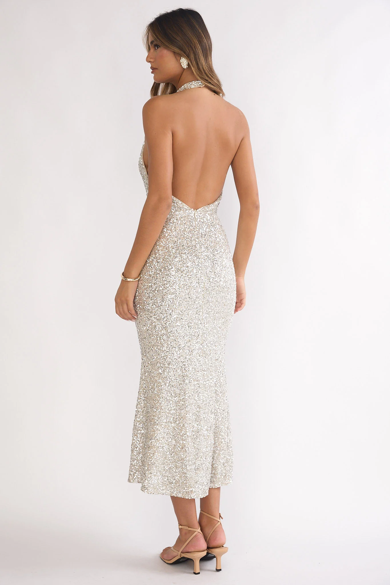 Sky Of Diamonds Backless Midi Dress Sequin Silver - luluinthesky