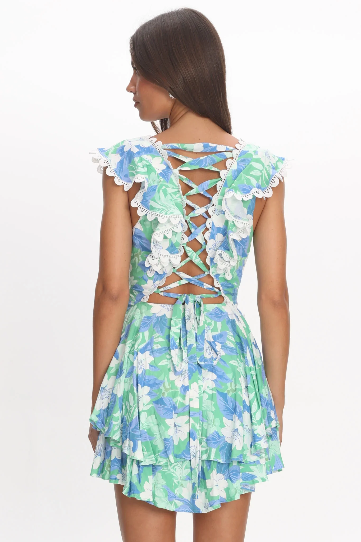 Charade Ruffle Shoulder Corset Back Dress Floral Green - luluinthesky
