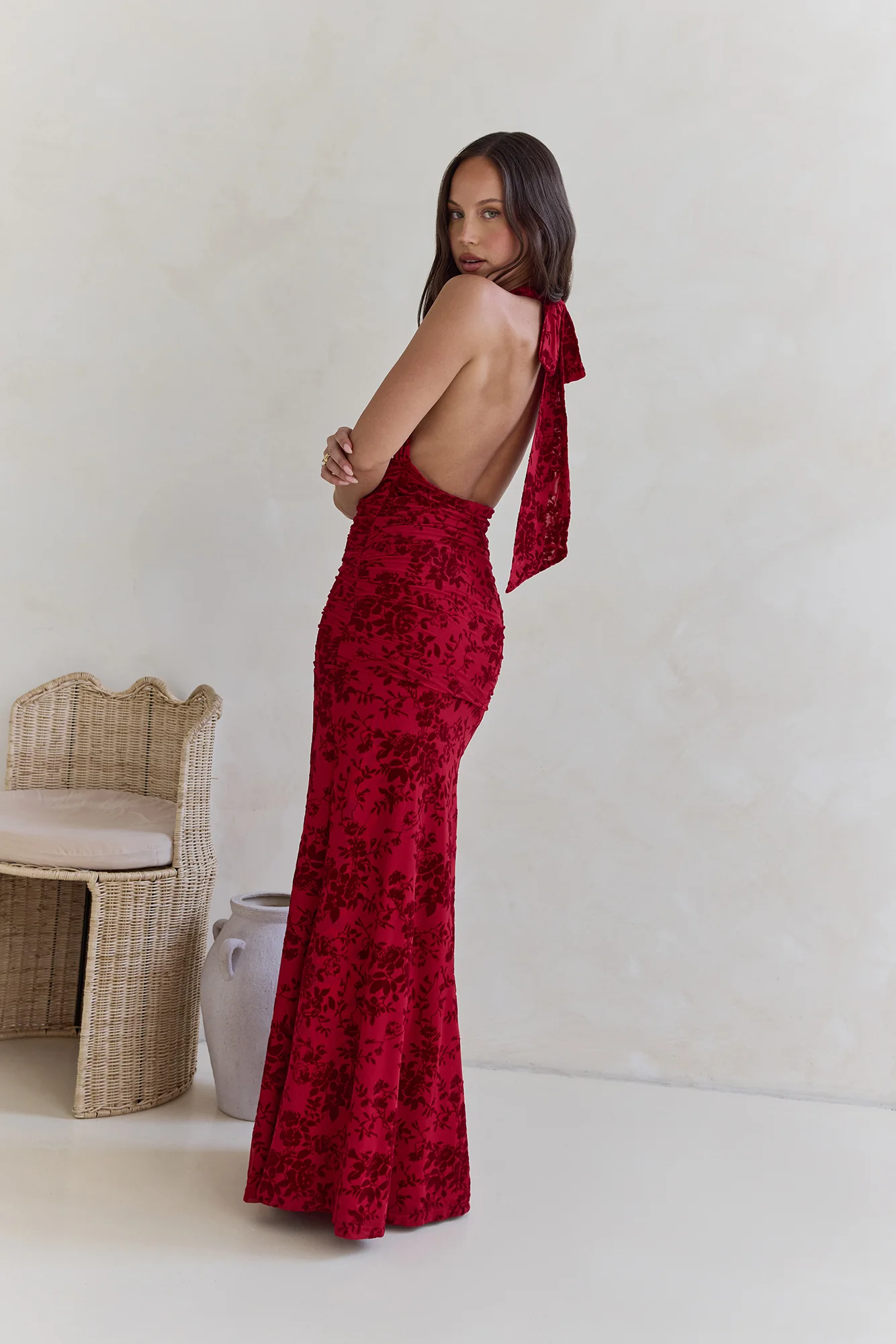 Dewy Whisper Halter Maxi Dress Wine