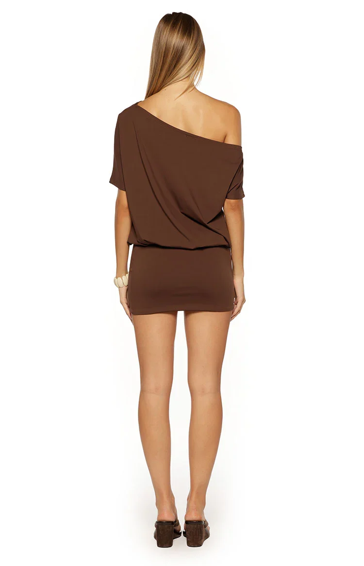 Bisou Brown Off Shoulder Mini Dress