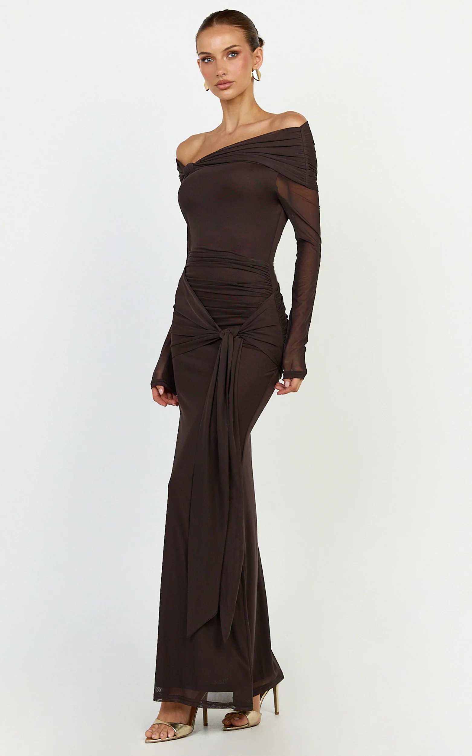Waverly Maxi Dress - Long Sleeve Off Shoulder Dress in Chocolate
