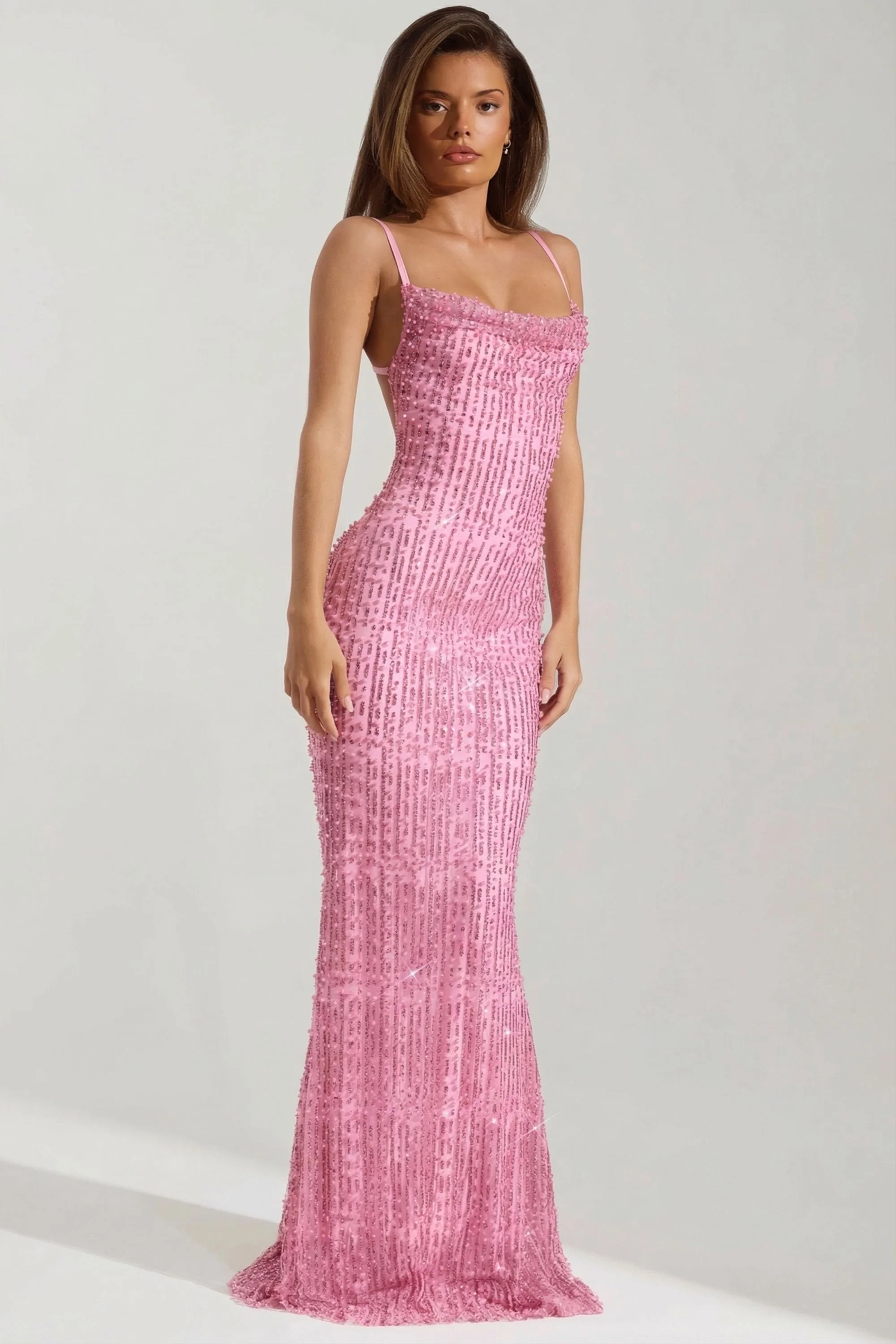 Embellished Cowl-Neck Backless Maxi Dress in Pink