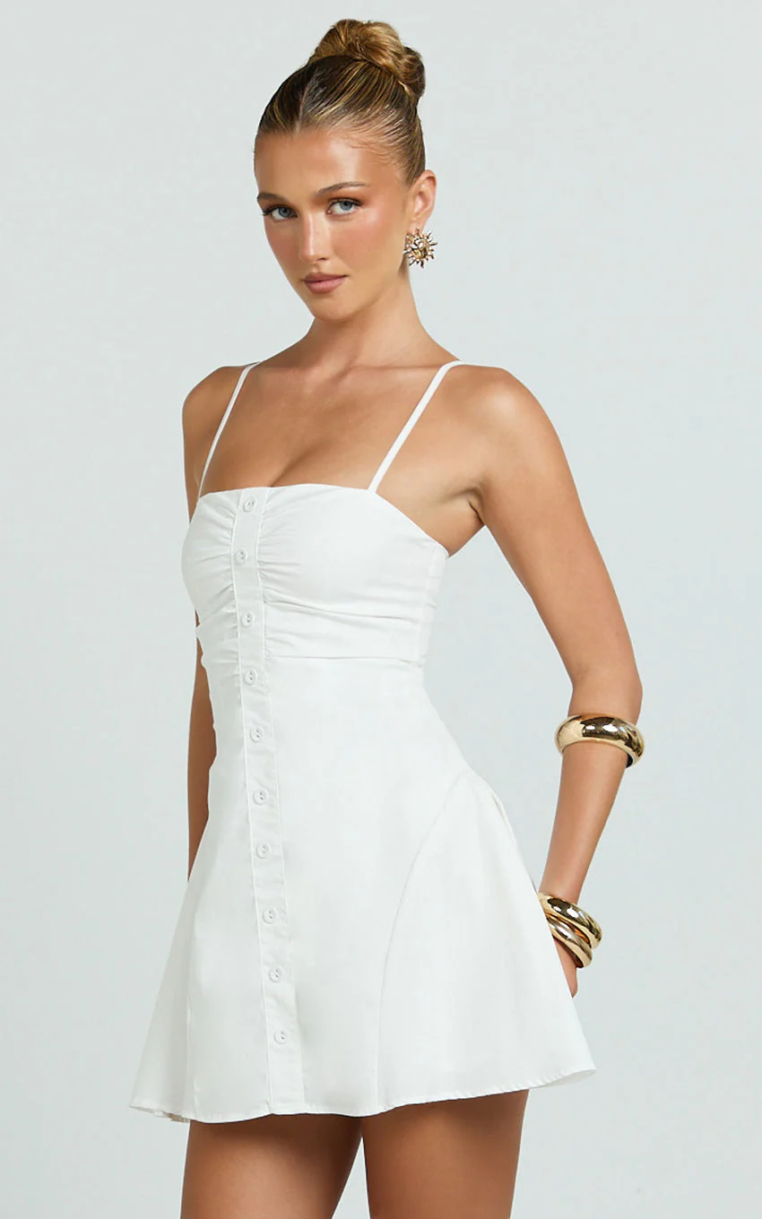 Monet Mini Dress - Button Down Ruched Front Fit And Flare Dress in Off White - luluinthesky
