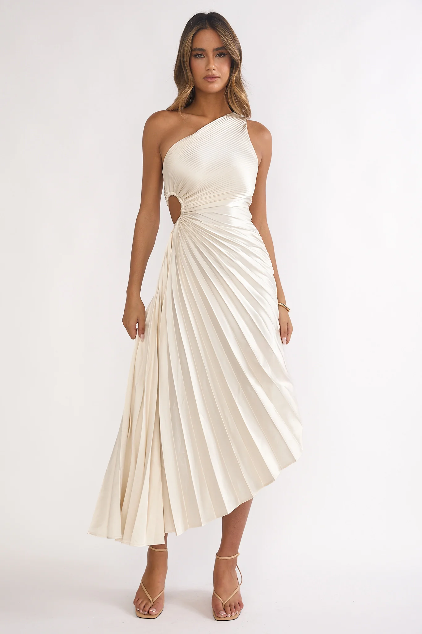 Brooklynn One-Shoulder Accordion Pleat Dress Champagne