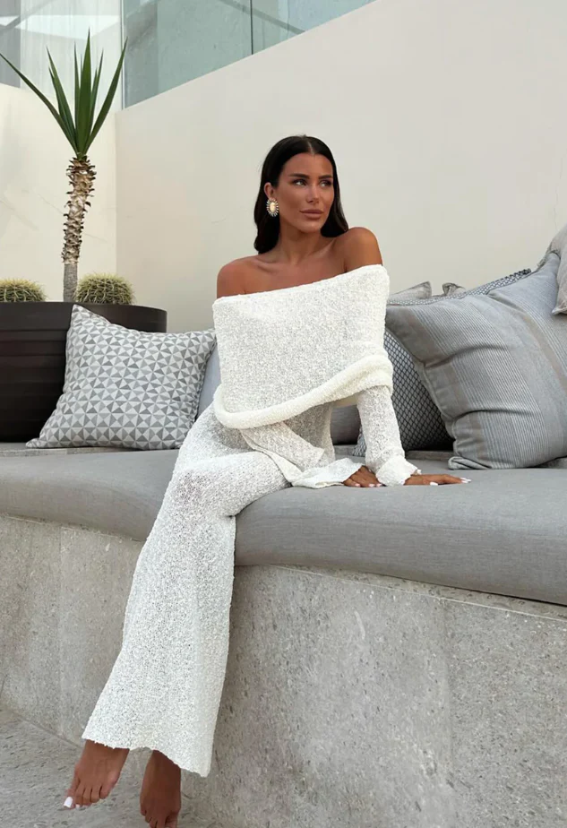 Off-Shoulder Ribbed Bouclé Maxi Dress with Flared Sleeves