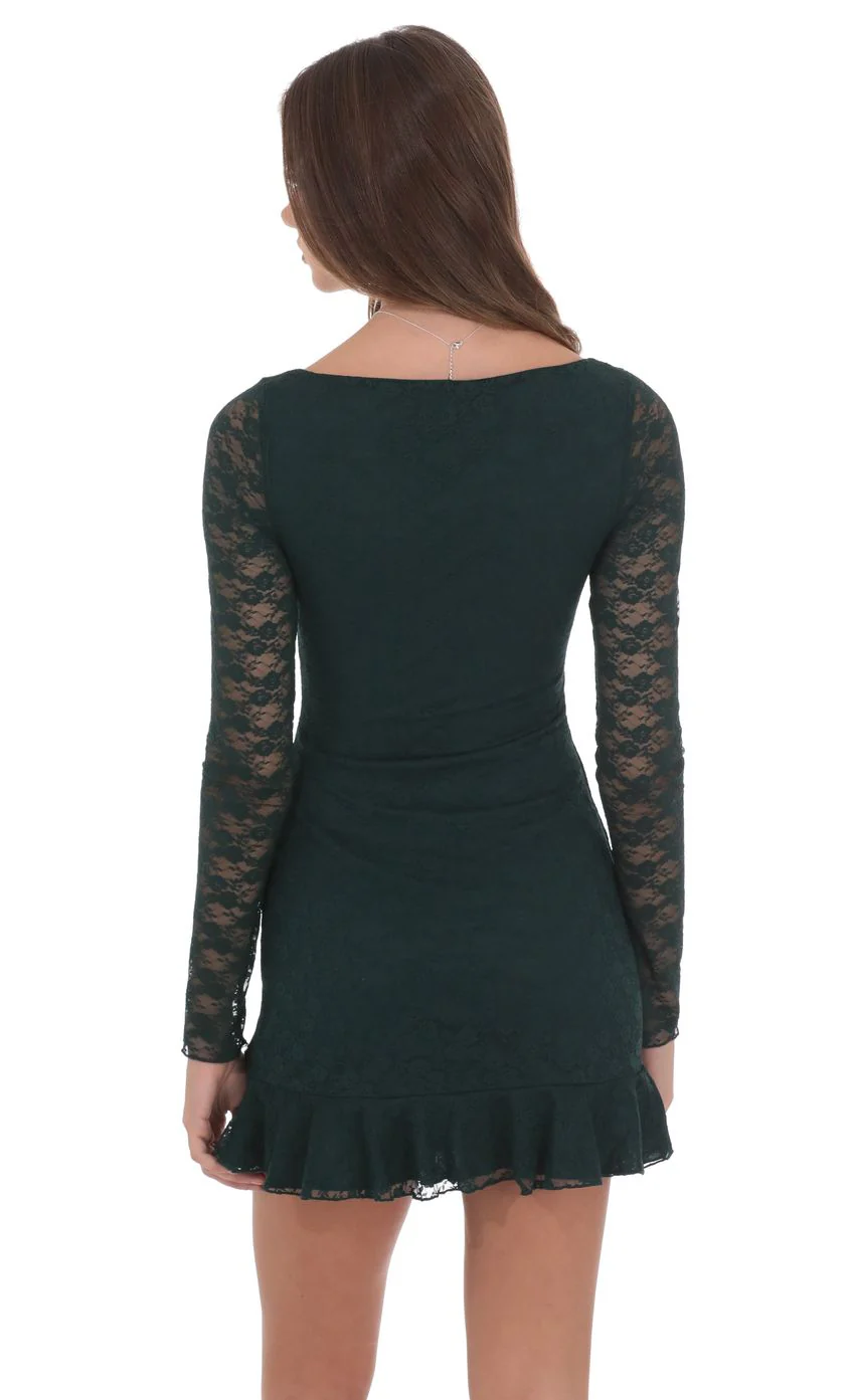 Lace Ruffle Long Sleeve Dress in Green - luluinthesky