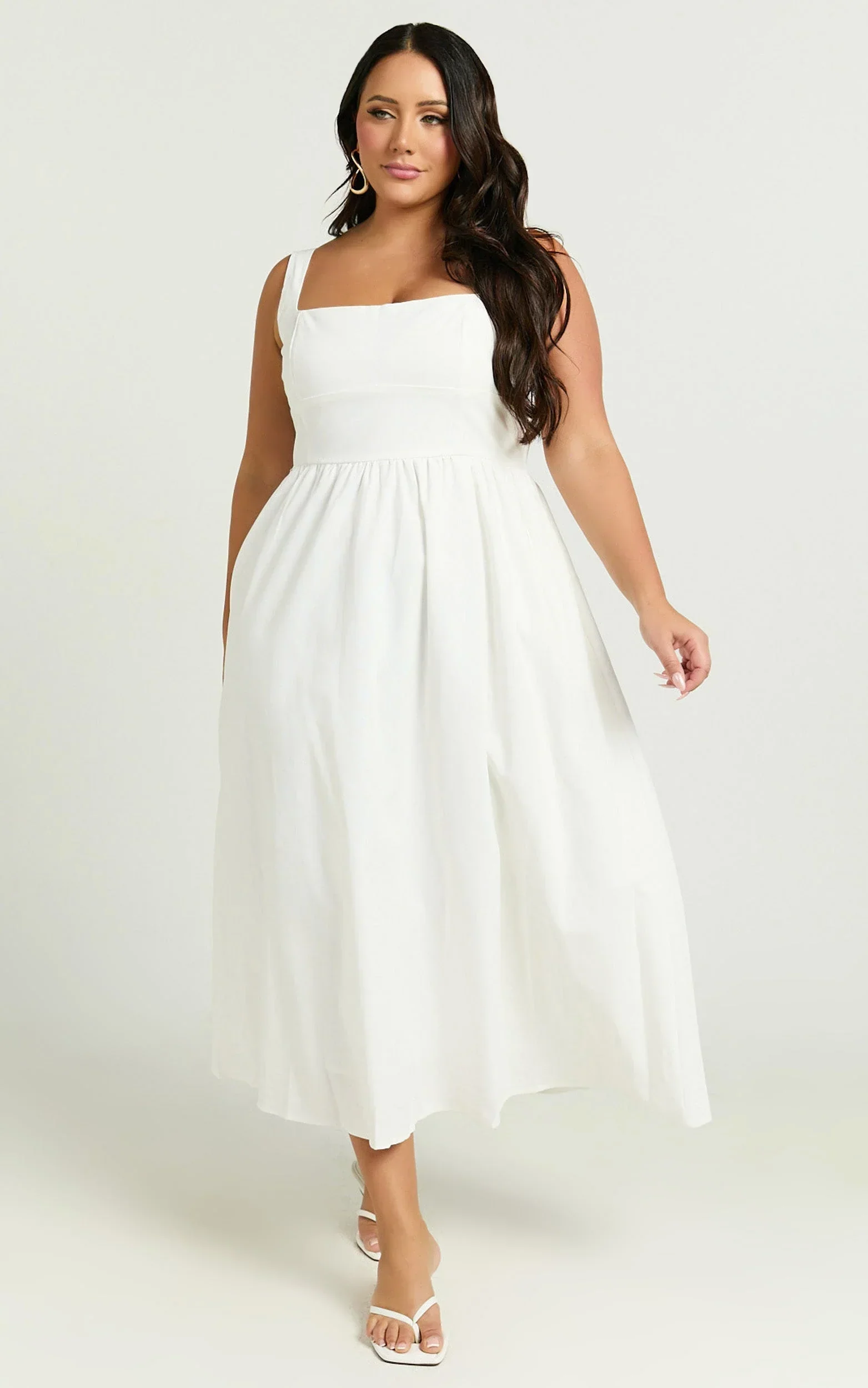 Khari Midi Dress - Linen Look Square A Line Dress in White - luluinthesky