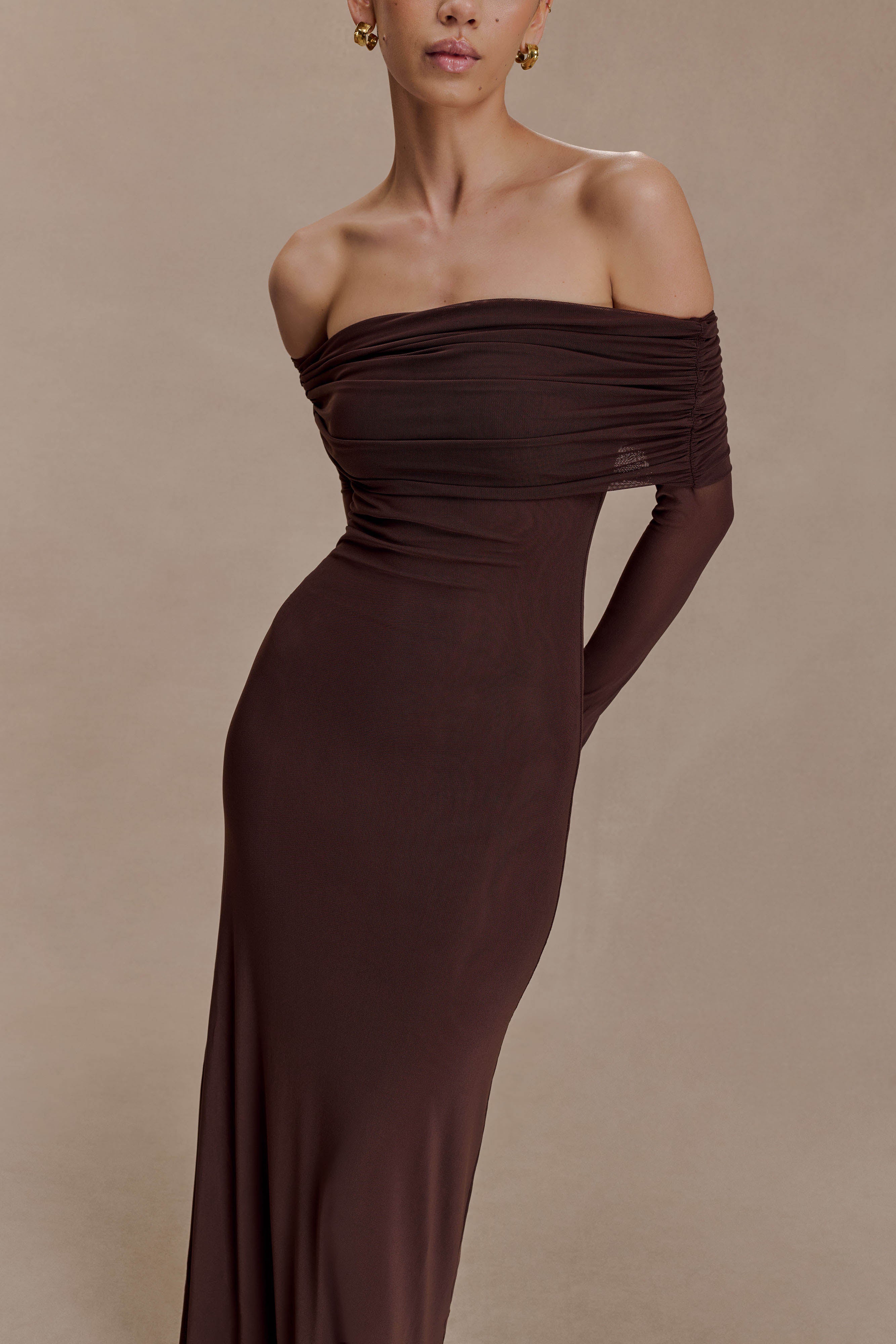 Josie-Off-Shoulder-Mesh-Maxi-Dress-Dark-Brown