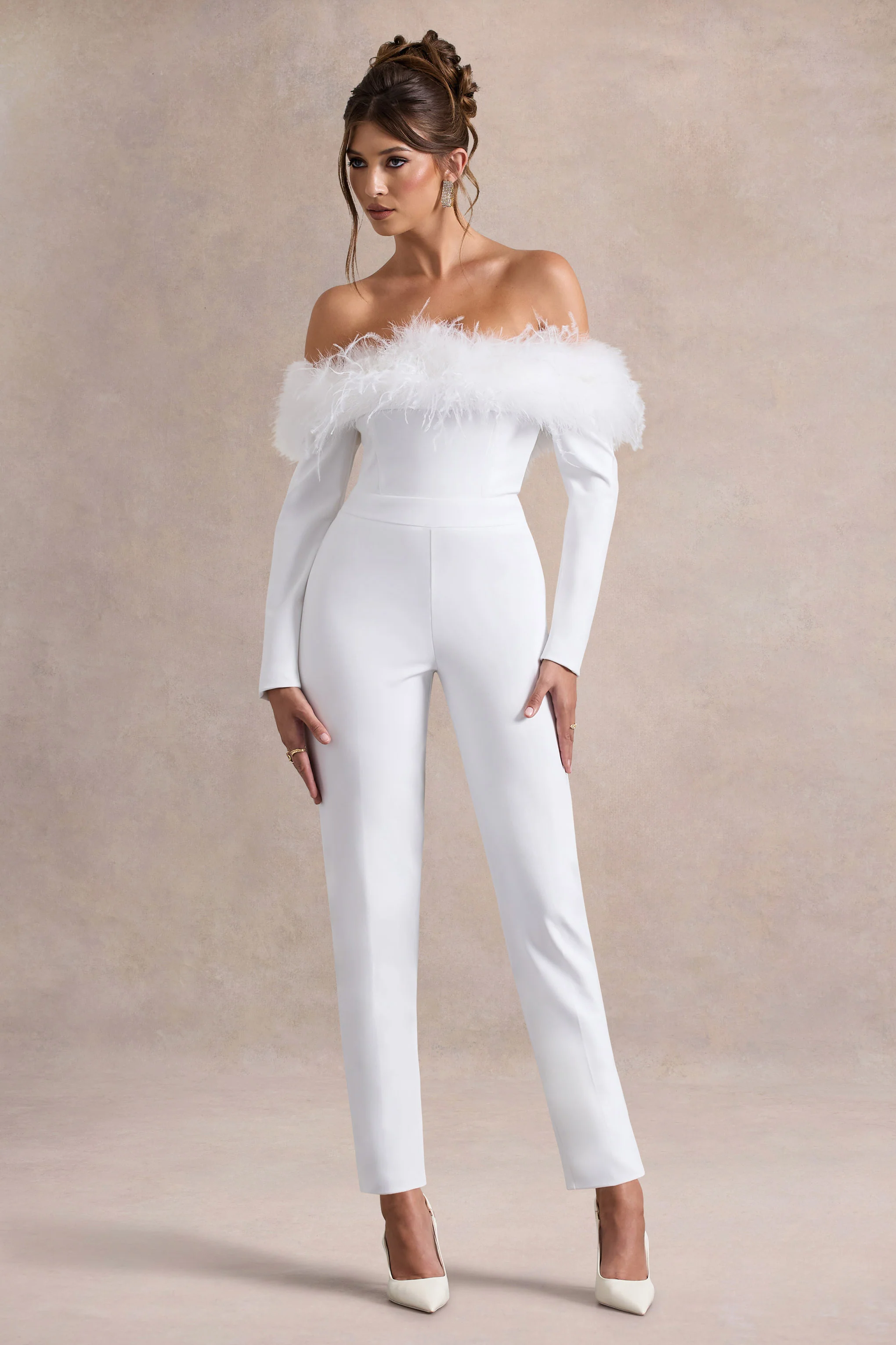 Ales | White Bardot Tailored Straight-Leg Jumpsuit With Feather Trim