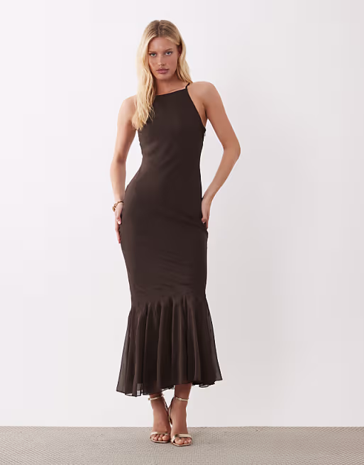 chiffon sleeveless midaxi dress with godet hem in chocolate brown