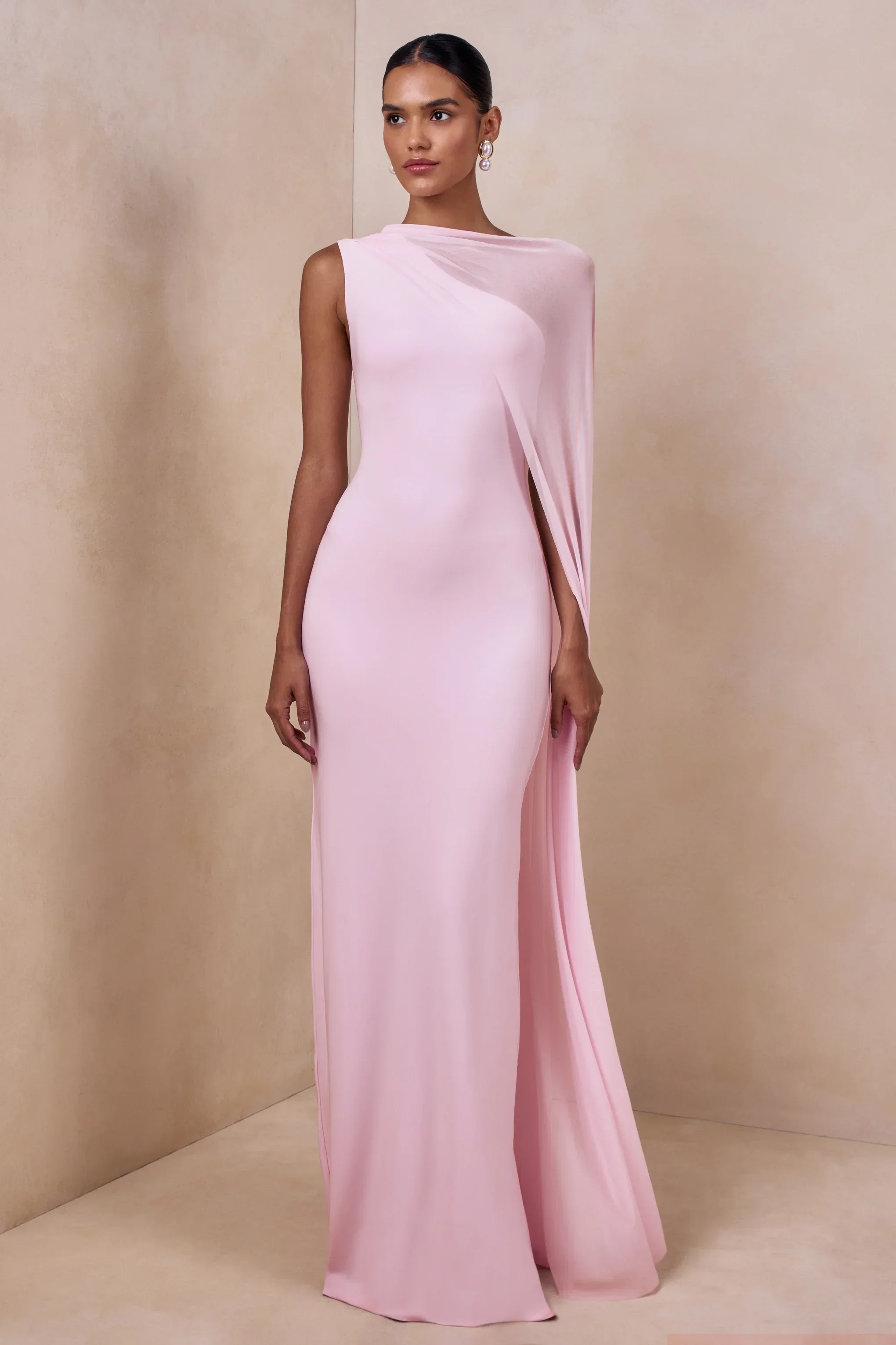 Mirelle | Light Pink Boat-Neck Maxi Dress With Cape-Sleeve