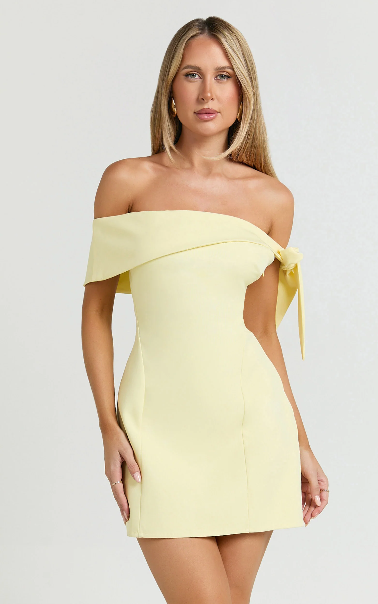Cecilia Mini Dress - Off Shoulder Tie Detail Dress in Lemon